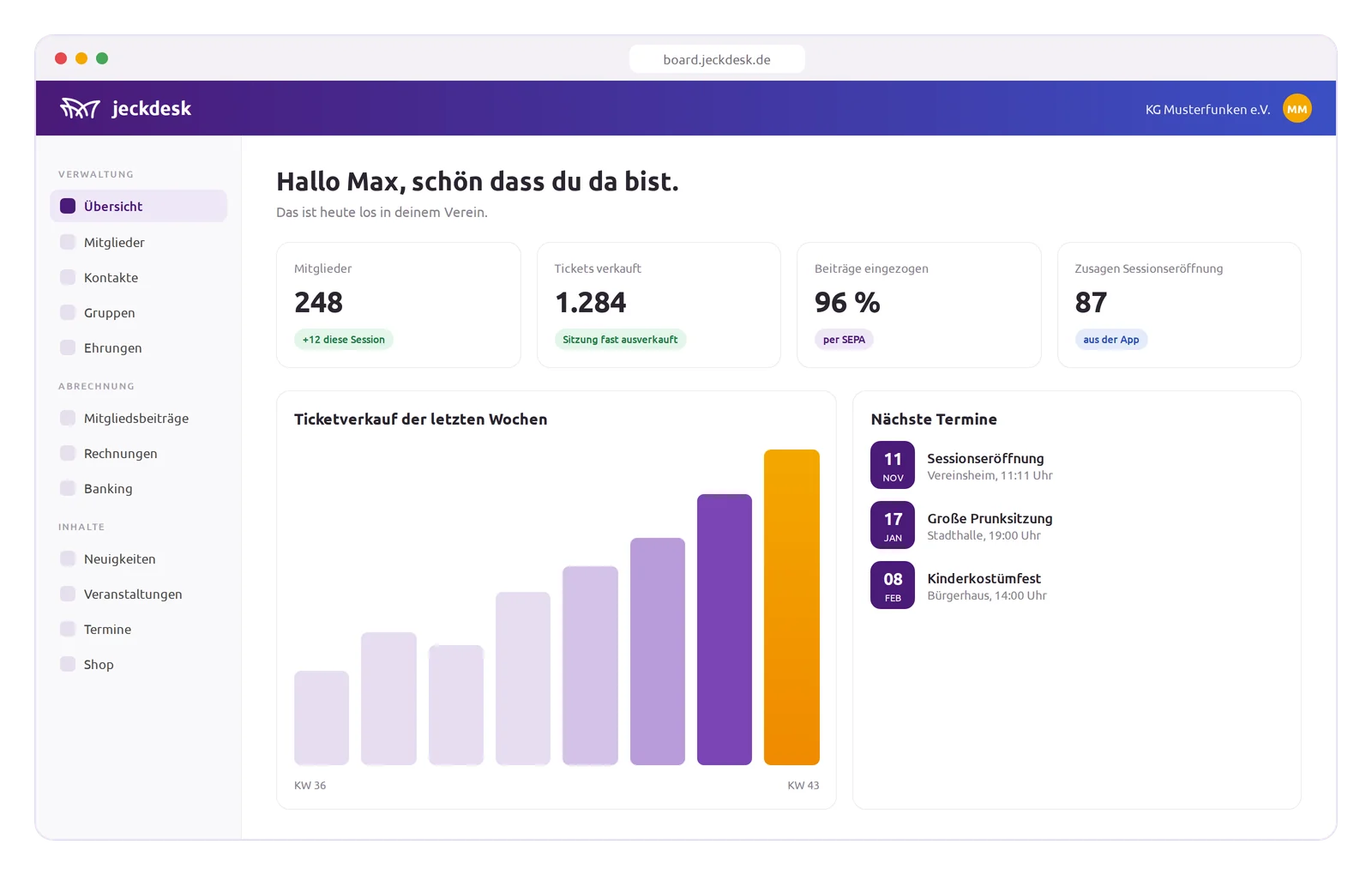 Das JeckDesk Board mit Mitgliedern, Ticketverkauf und nächsten Terminen